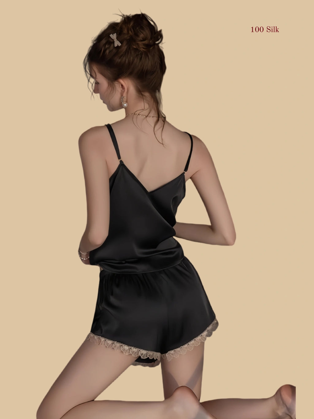 Black 19mm silk cami set back view with slim straps and lace-trim shorts