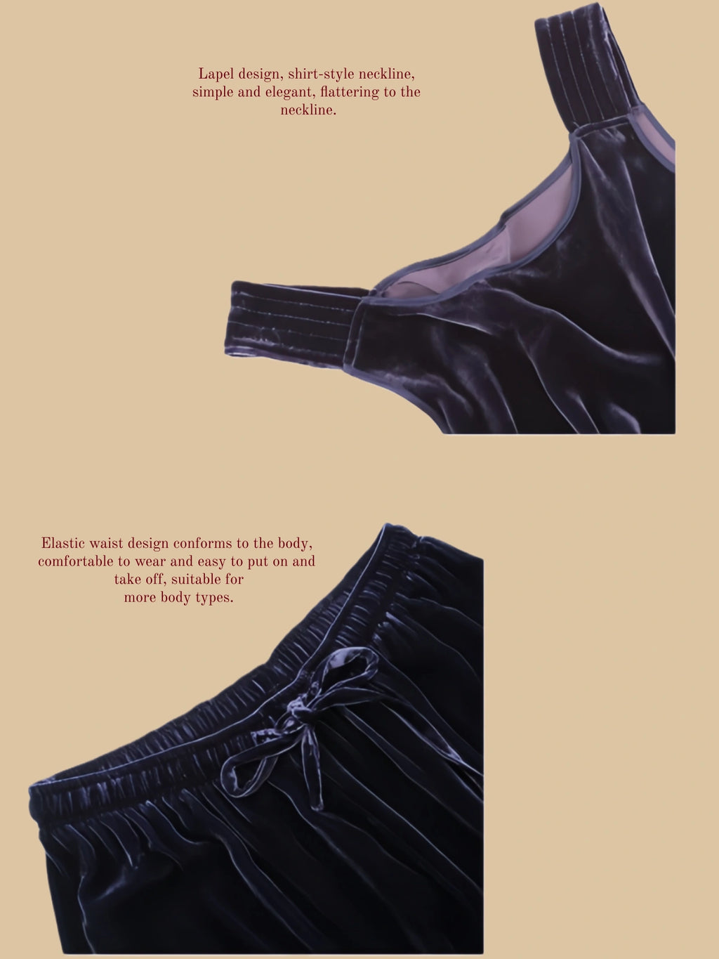 Detail view of velvet set showing drawstring waist and smooth velvet surface