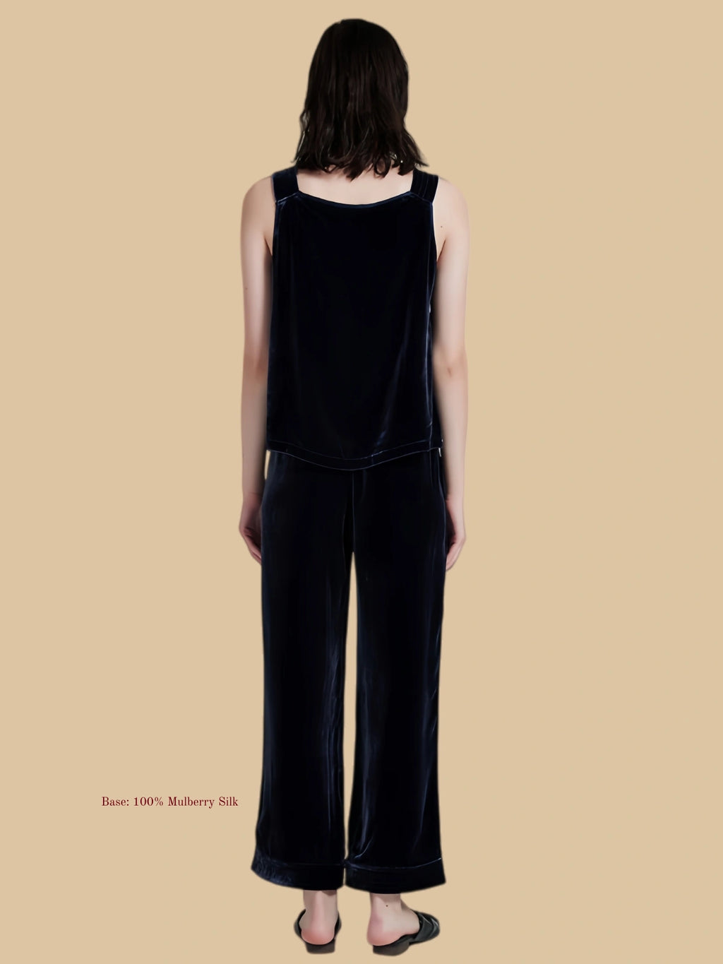 Dark purple velvet vest and pants set back view with straight full-length pants