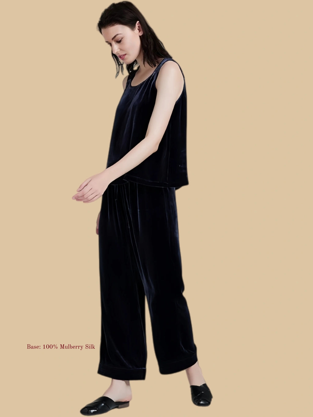 Dark purple velvet vest and pants set front close view with clean sleeveless neckline