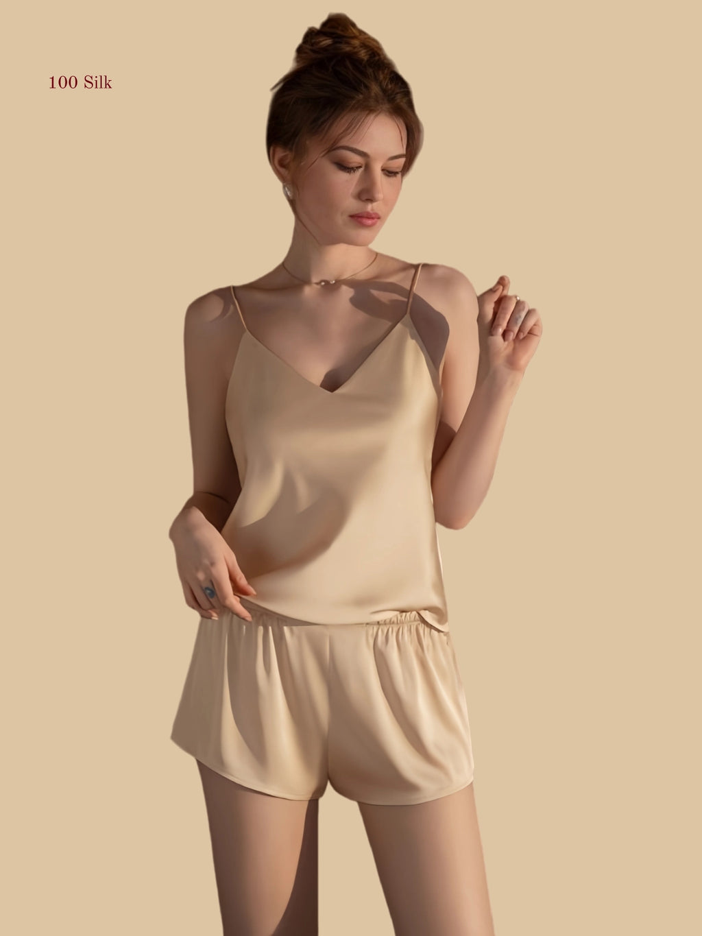 Champagne 19mm silk cami short set front view with slim straps and clean silhouette