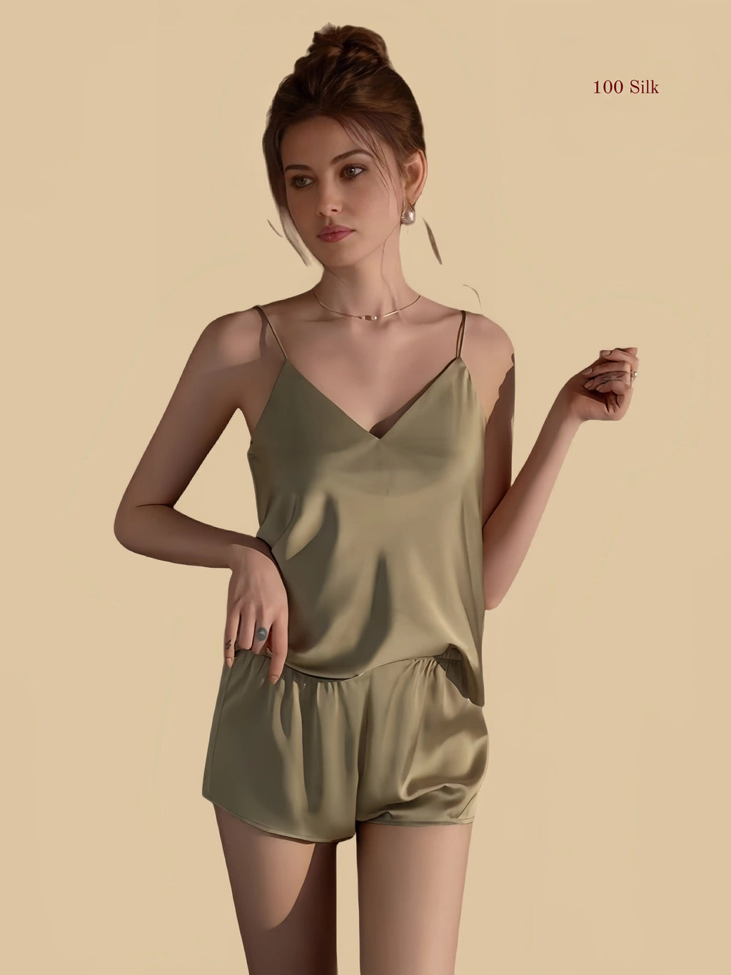 Matcha green 19mm silk cami short set front view with minimal neckline and relaxed fit
