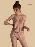 Dusty Rose 19mm silk cami short set front view with minimal V-neck top and smooth
