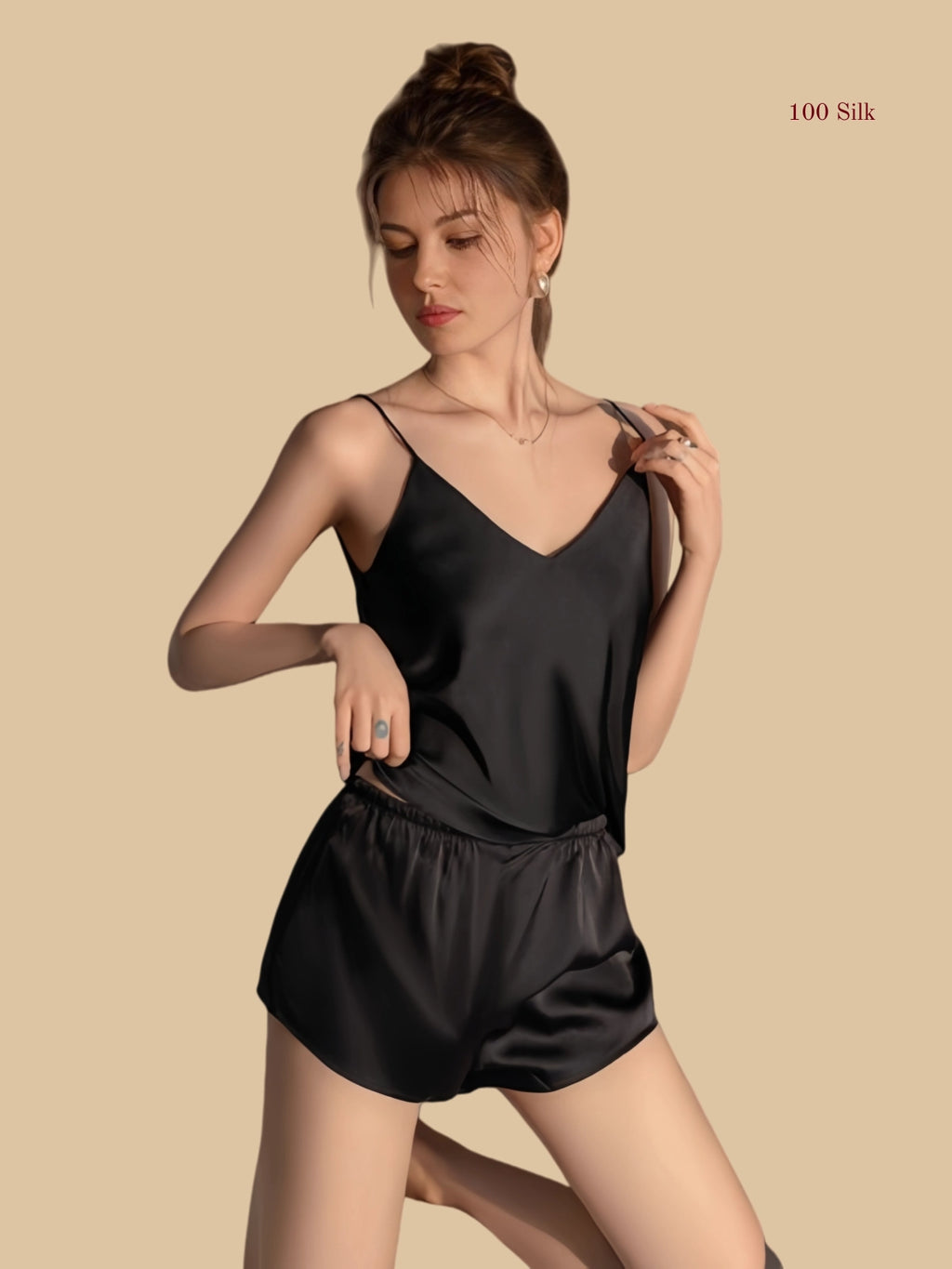Black 19mm silk cami short set front view with minimal V-neck top and smooth