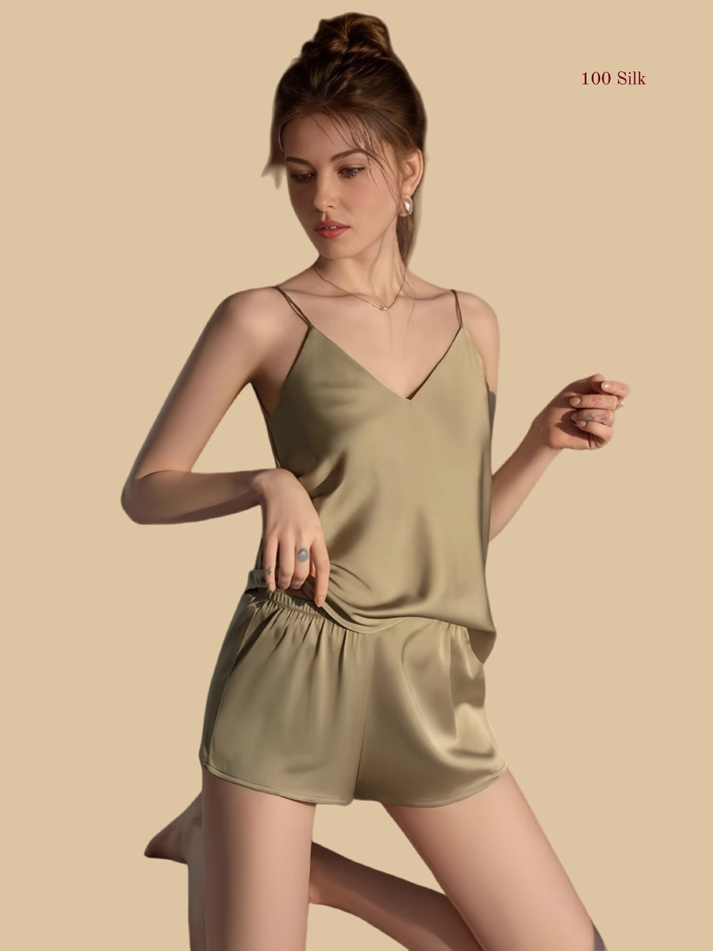 Matcha green 19mm silk cami short set front view with minimal neckline and relaxed fit