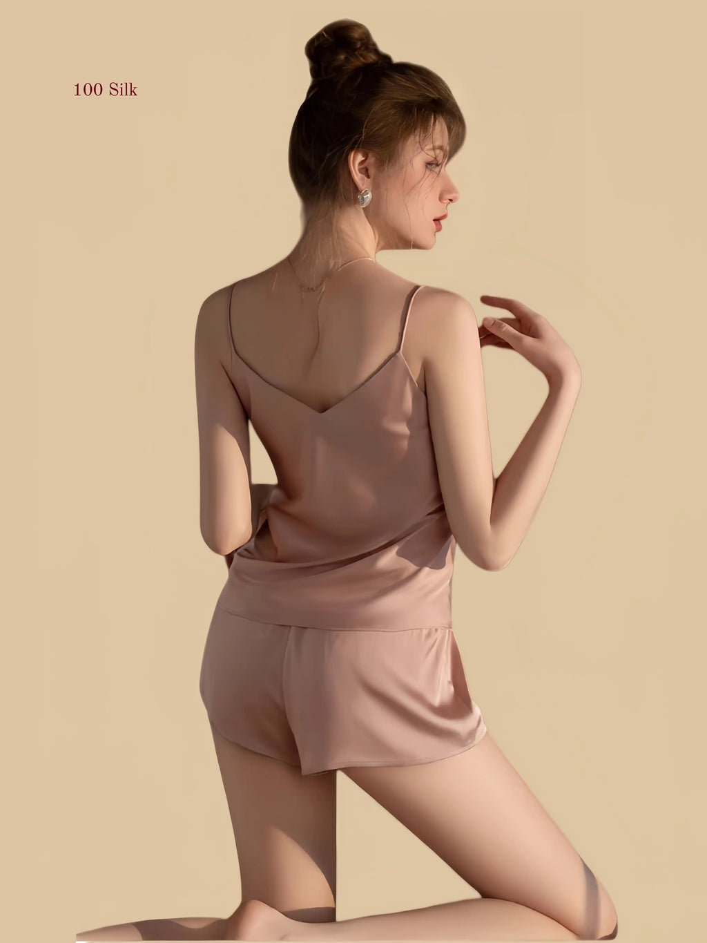 Dusty Rose 19mm silk cami short set back view with low-back camisole and elastic-waist shorts