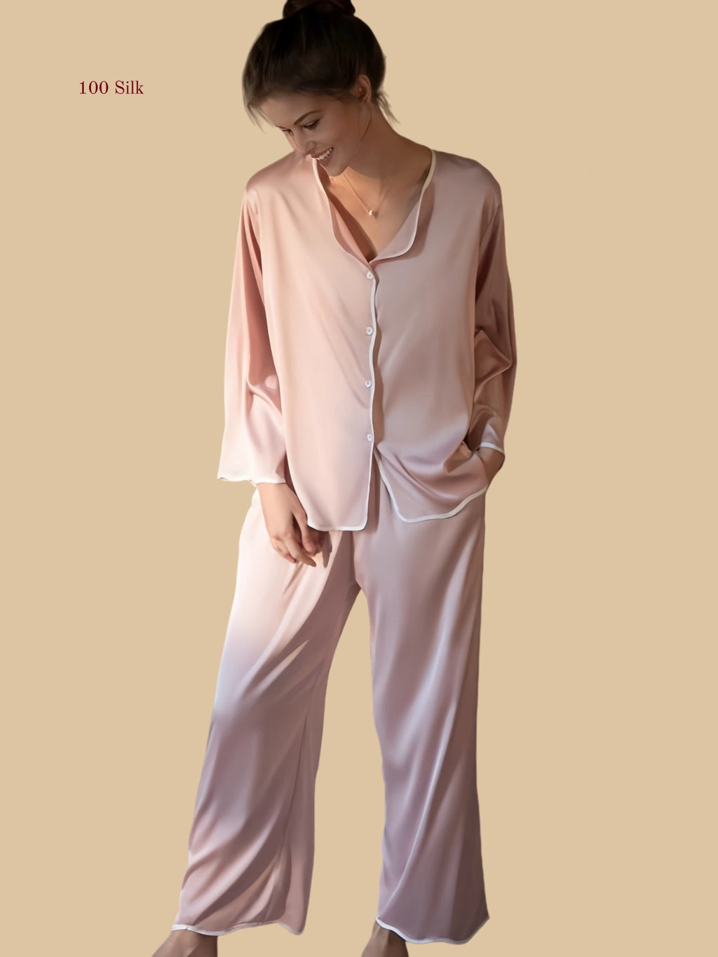 Pink 19mm soft-neck silk set front view with collarless V neckline and contrast wave trim