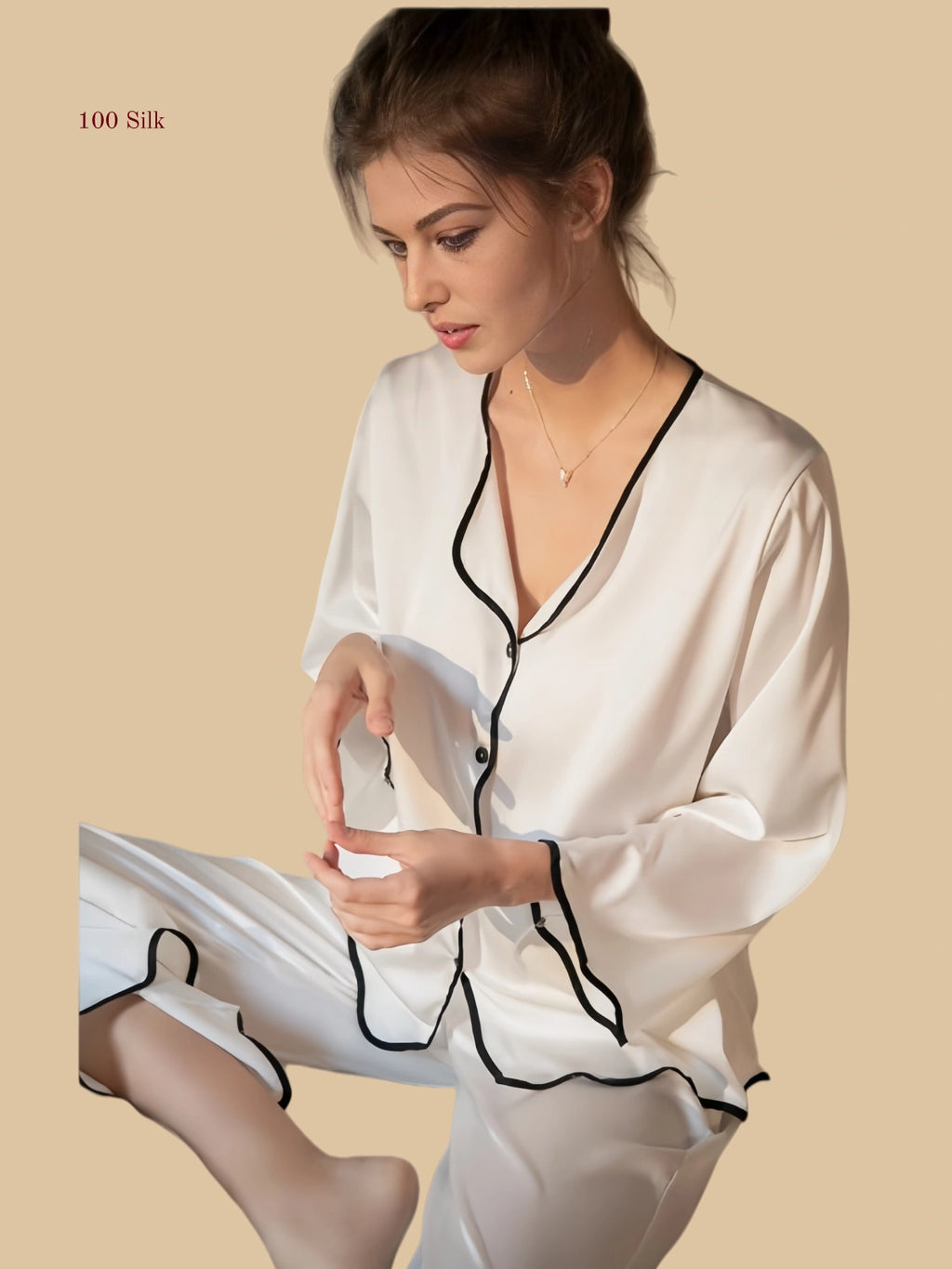 Pink 19mm soft-neck silk set front view with collarless V neckline and contrast wave trim