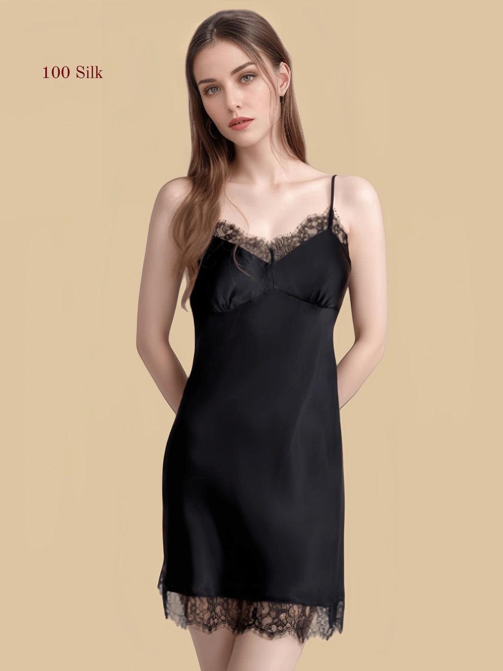Rose red 16mm silk slip dress front view with lace-trim neckline, lace hem, and matching short robe