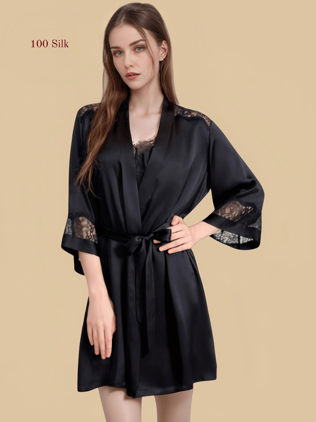 Black 16mm silk chemise set front view with lace-trim neckline, lace hem, and matching short robe