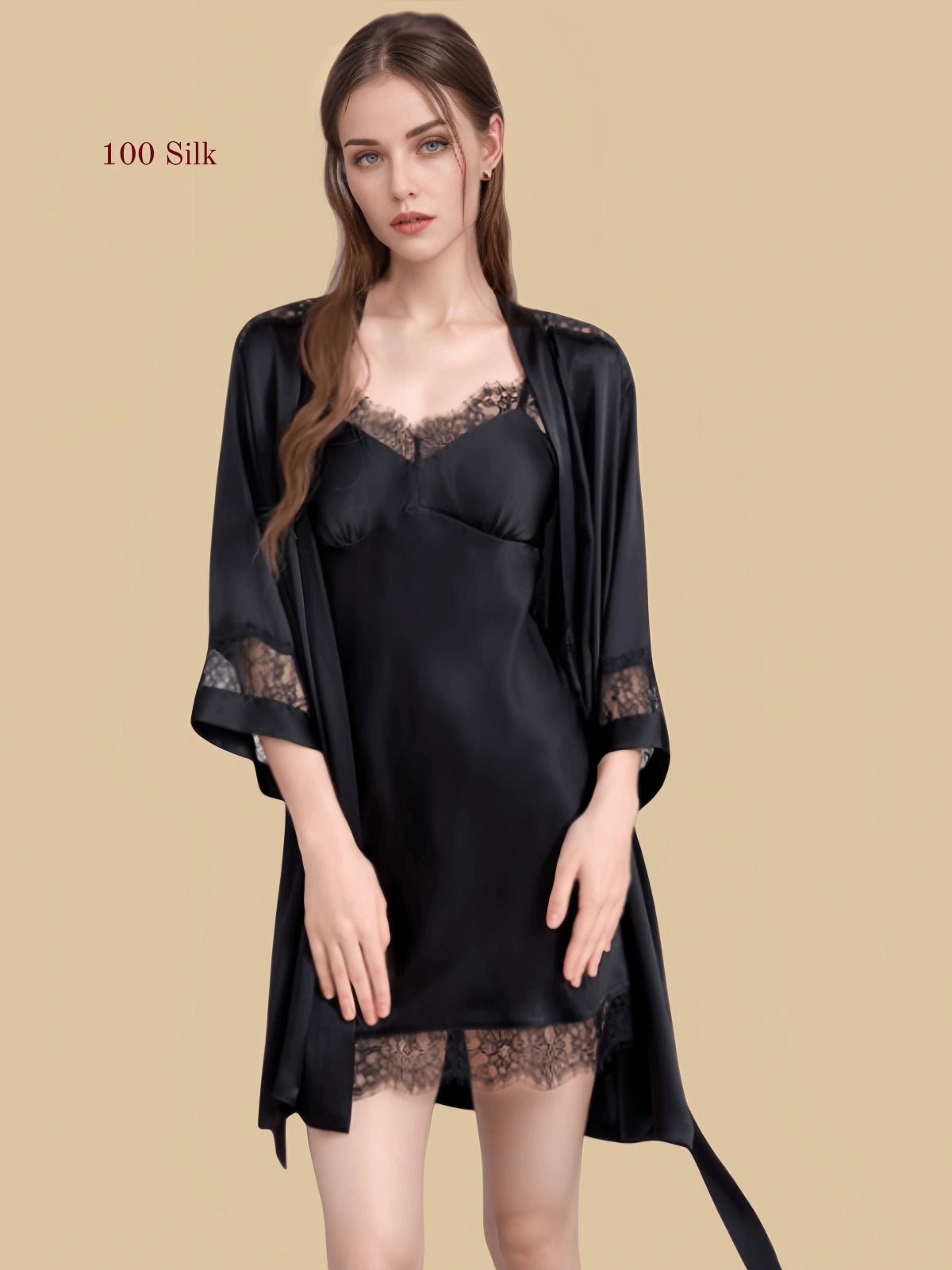 Black 16mm silk chemise set front view with lace-trim neckline, lace hem, and matching short robe