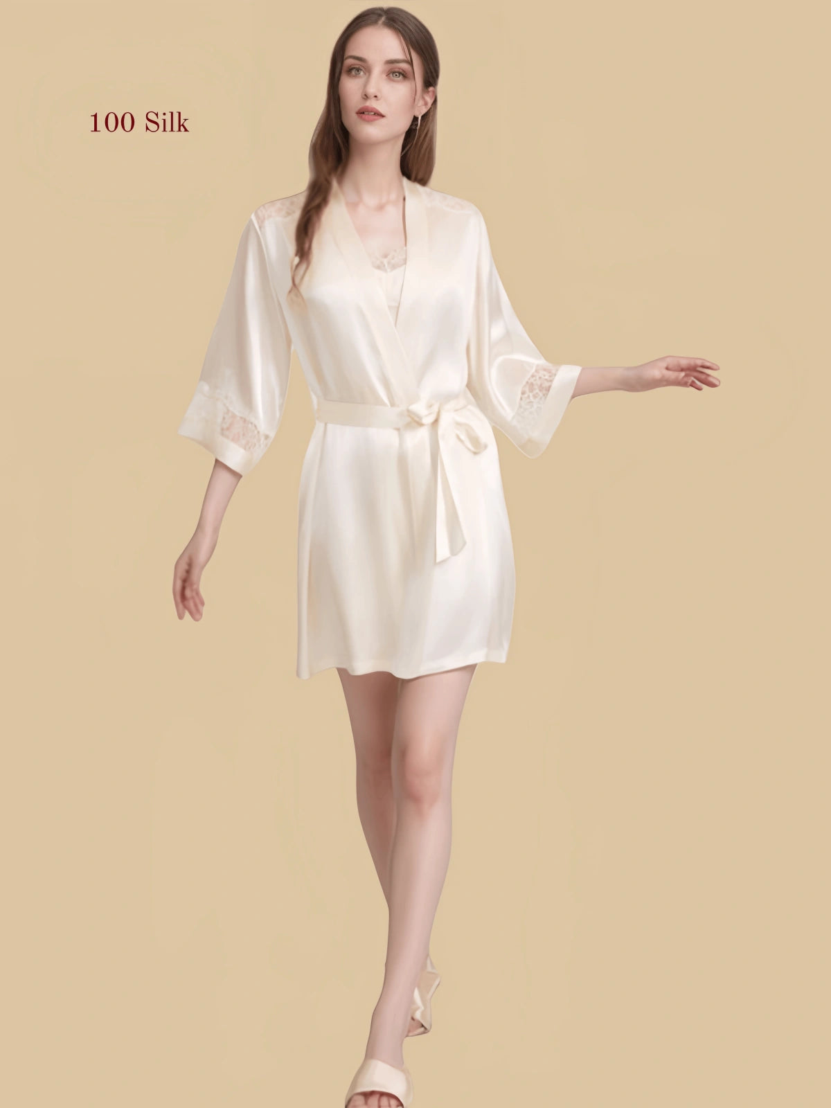 Cream white 16mm silk chemise set front view with lace-trim neckline, lace hem, and matching short robe