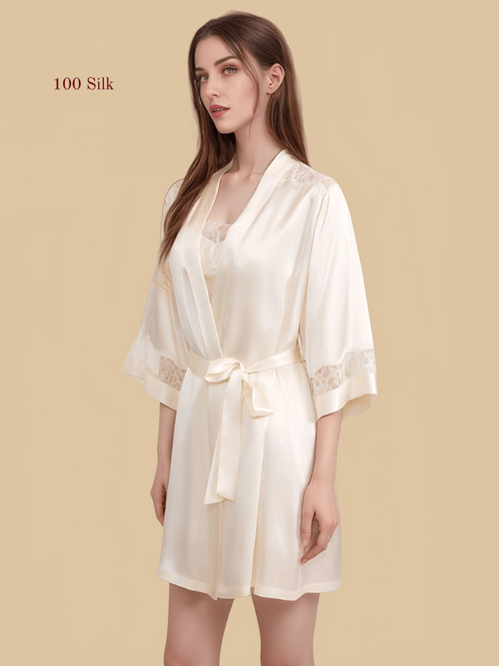 Cream white 16mm silk chemise set front view with lace-trim neckline, lace hem, and matching short robe