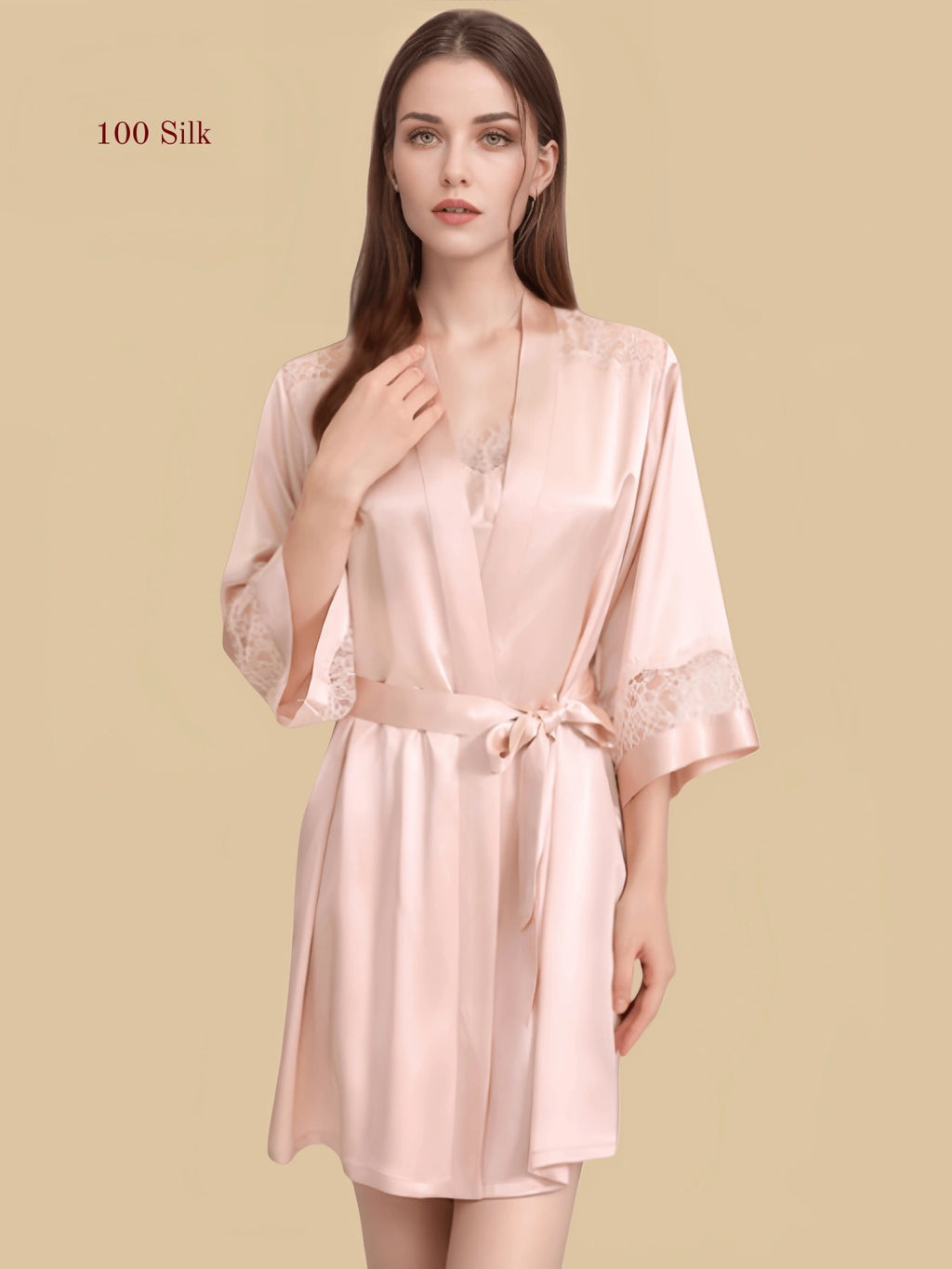 pink 16mm silk chemise set front view with lace-trim neckline, lace hem, and matching short robe