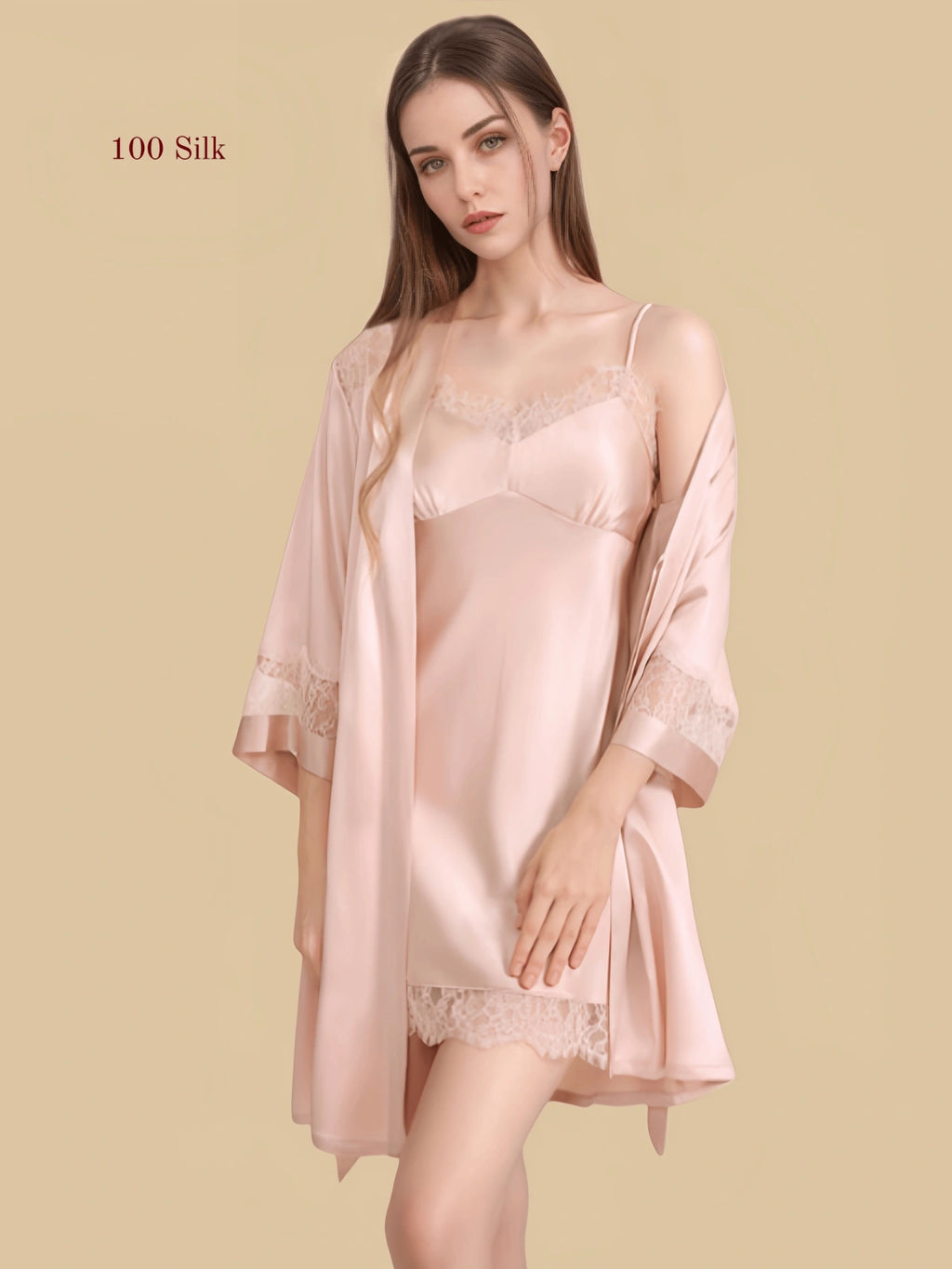 pink 16mm silk chemise set front view with lace-trim neckline, lace hem, and matching short robe