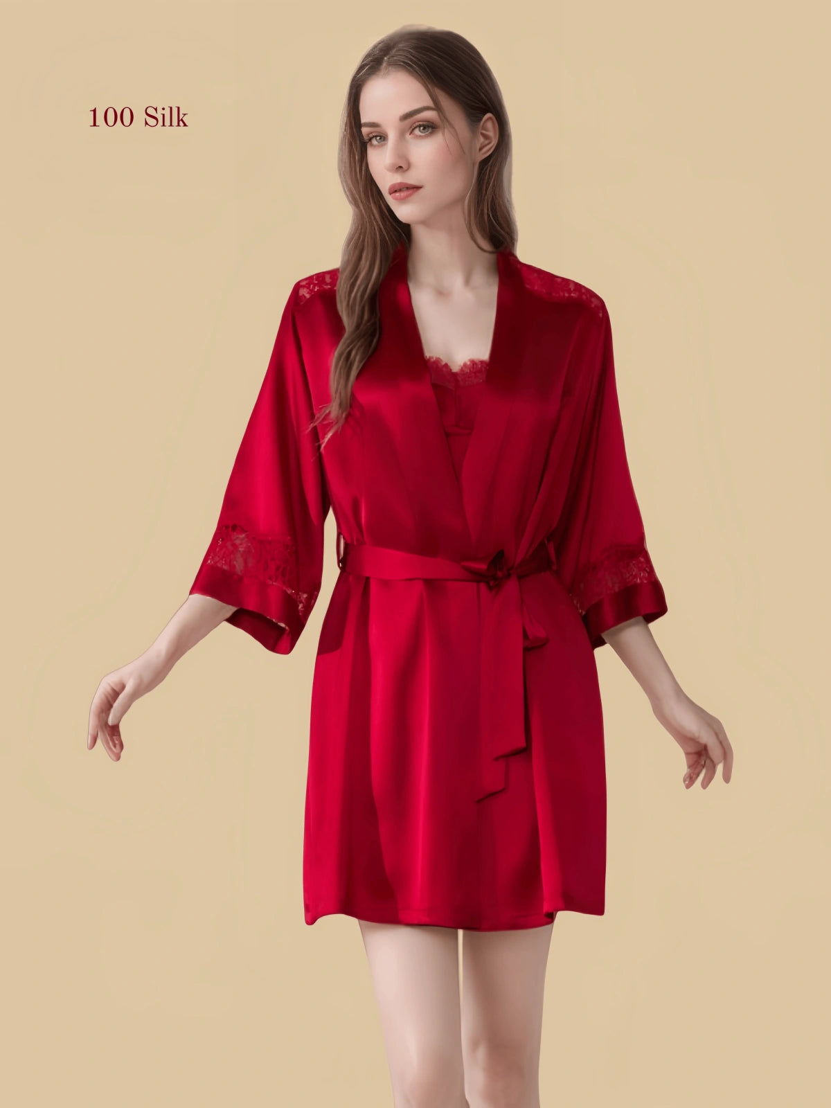 Rose red 16mm silk chemise front view with slim straps and lace-trim hem