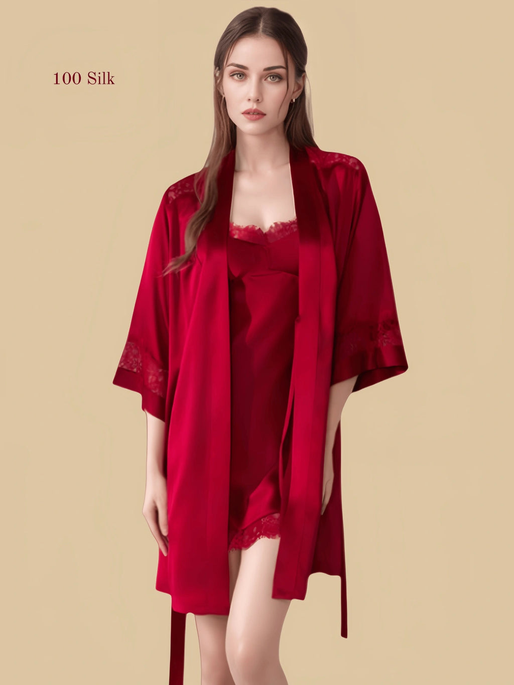 Rose red 16mm silk chemise set front view with lace-trim neckline, lace hem, and matching short robe