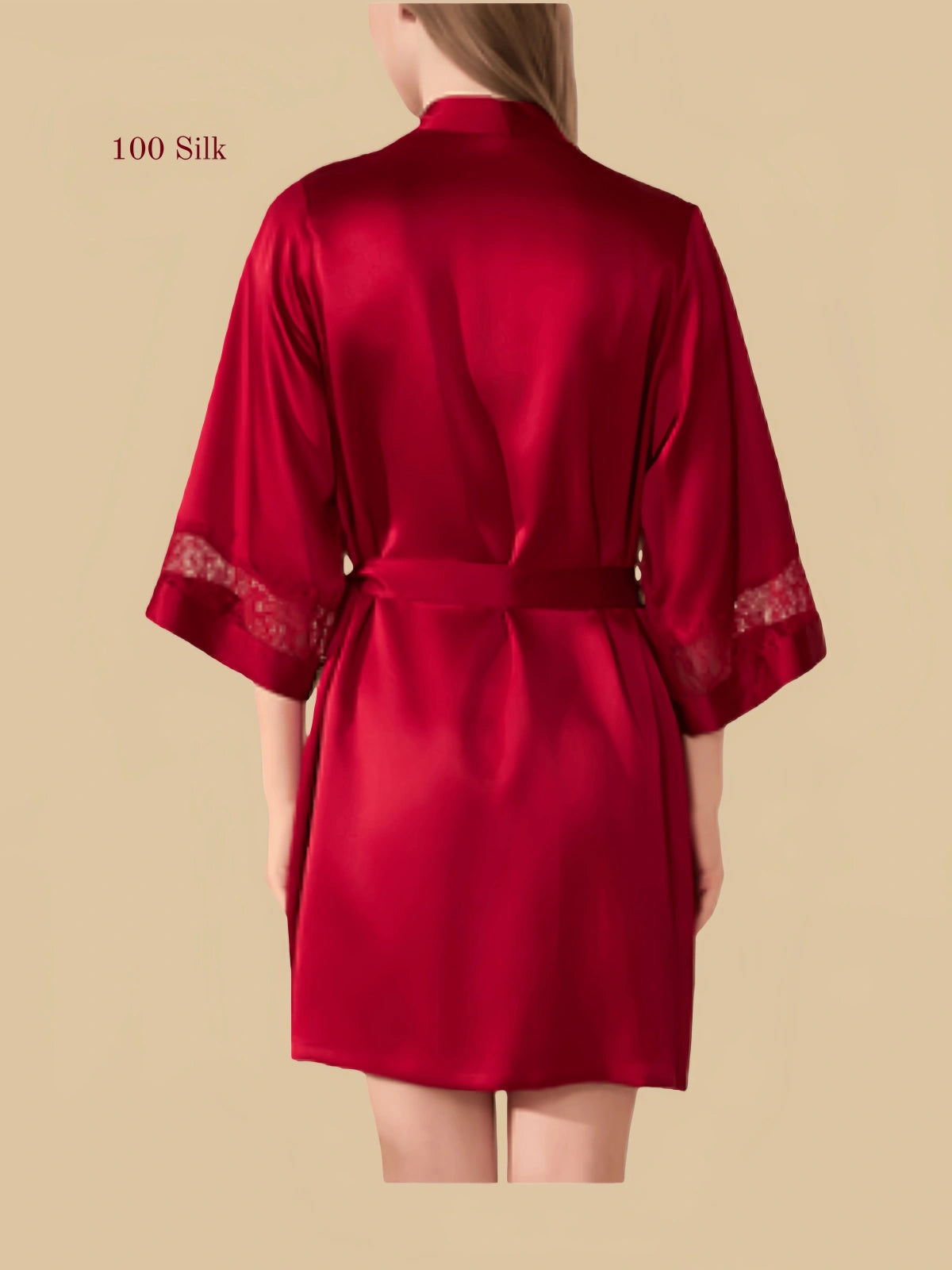 Rose red 16mm silk short robe back view with lace-trim cuffs and open front layering