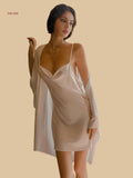 White 19mm slip and robe set front view with draped neckline and short outer robe