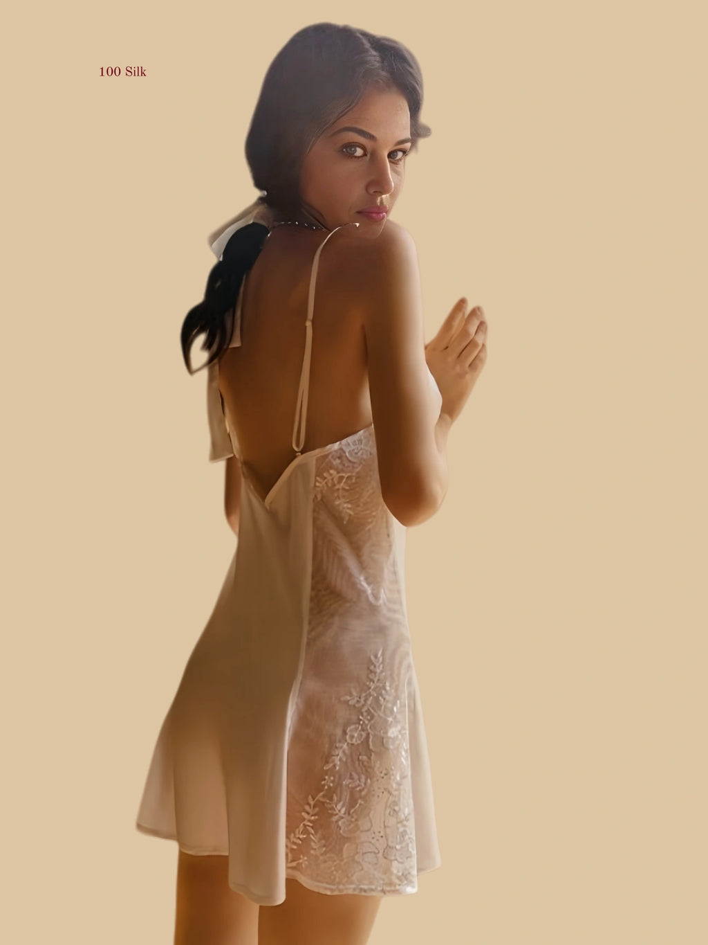 White 19mm silk slip back view with embroidered sheer side panels and slim straps