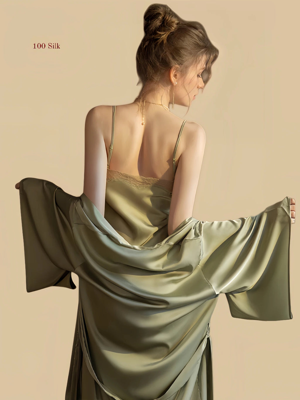 Matcha green 19mm silk chemise back view with smooth back line and robe draped at the arms