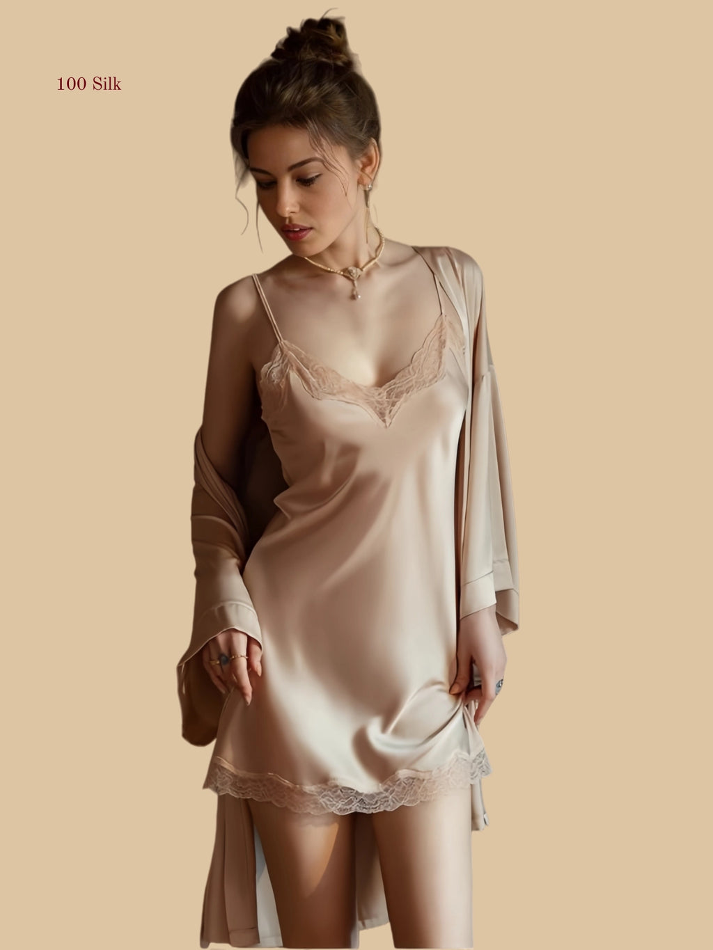 Champagne 19mm silk chemise and robe set front view with lace V-neck trim and short robe