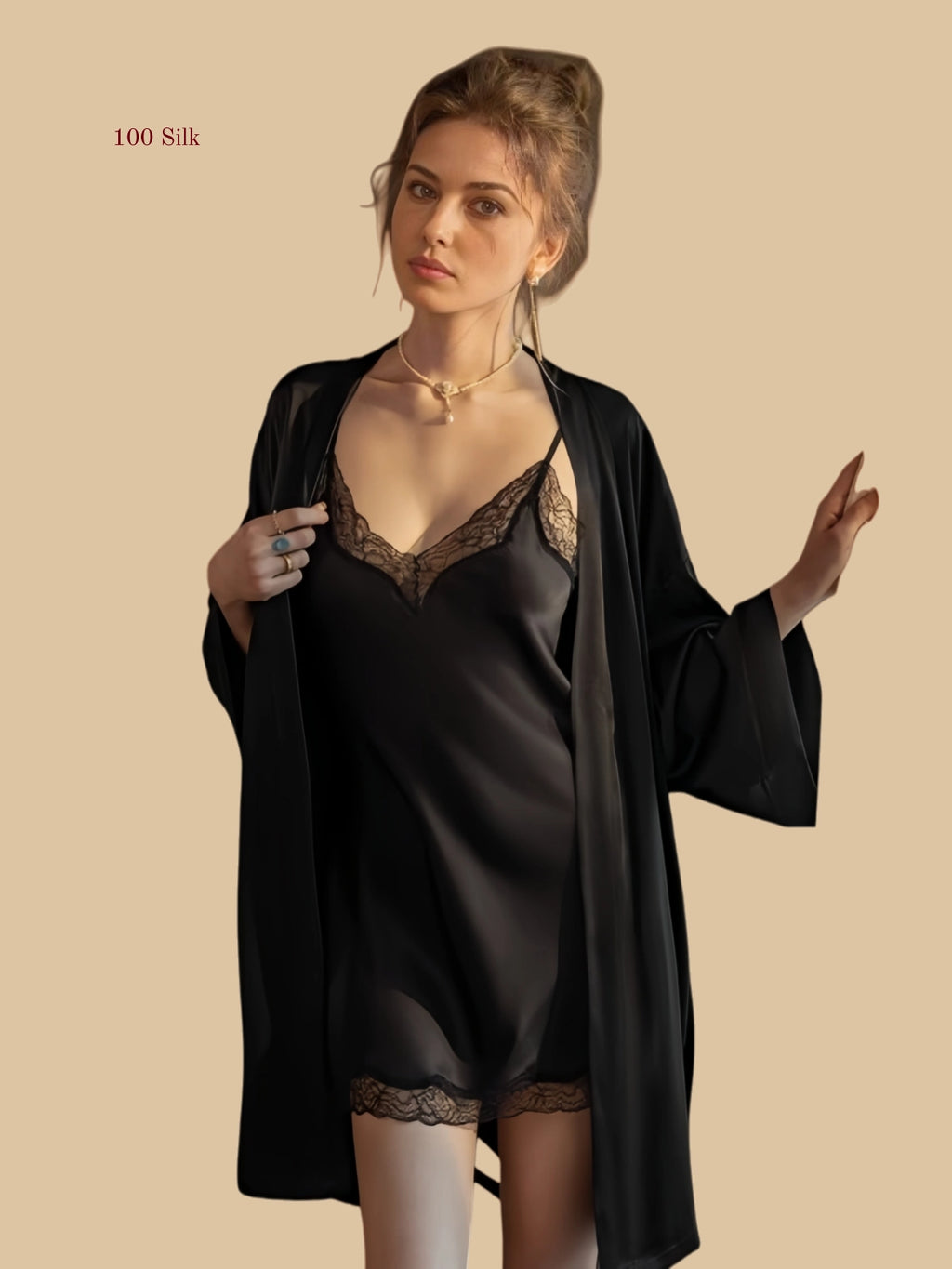 Black 19mm silk chemise and robe set front view with lace V-neck trim and short robe