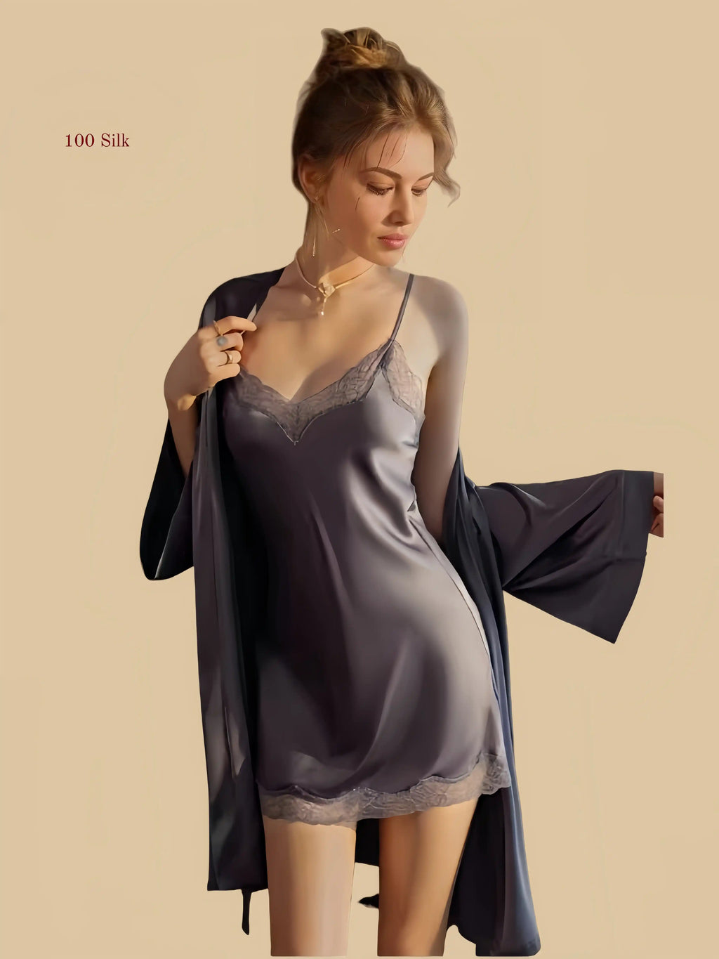 Dark orehid gray  19mm silk chemise and robe set front view with lace V-neck trim and short robe