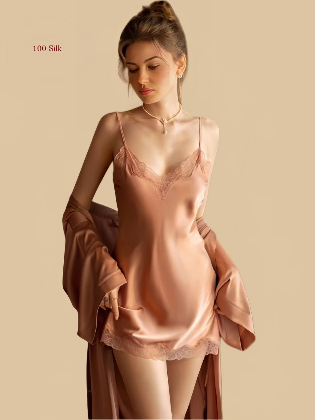 Pink 19mm silk chemise and robe set front view with lace V-neck trim and short robe