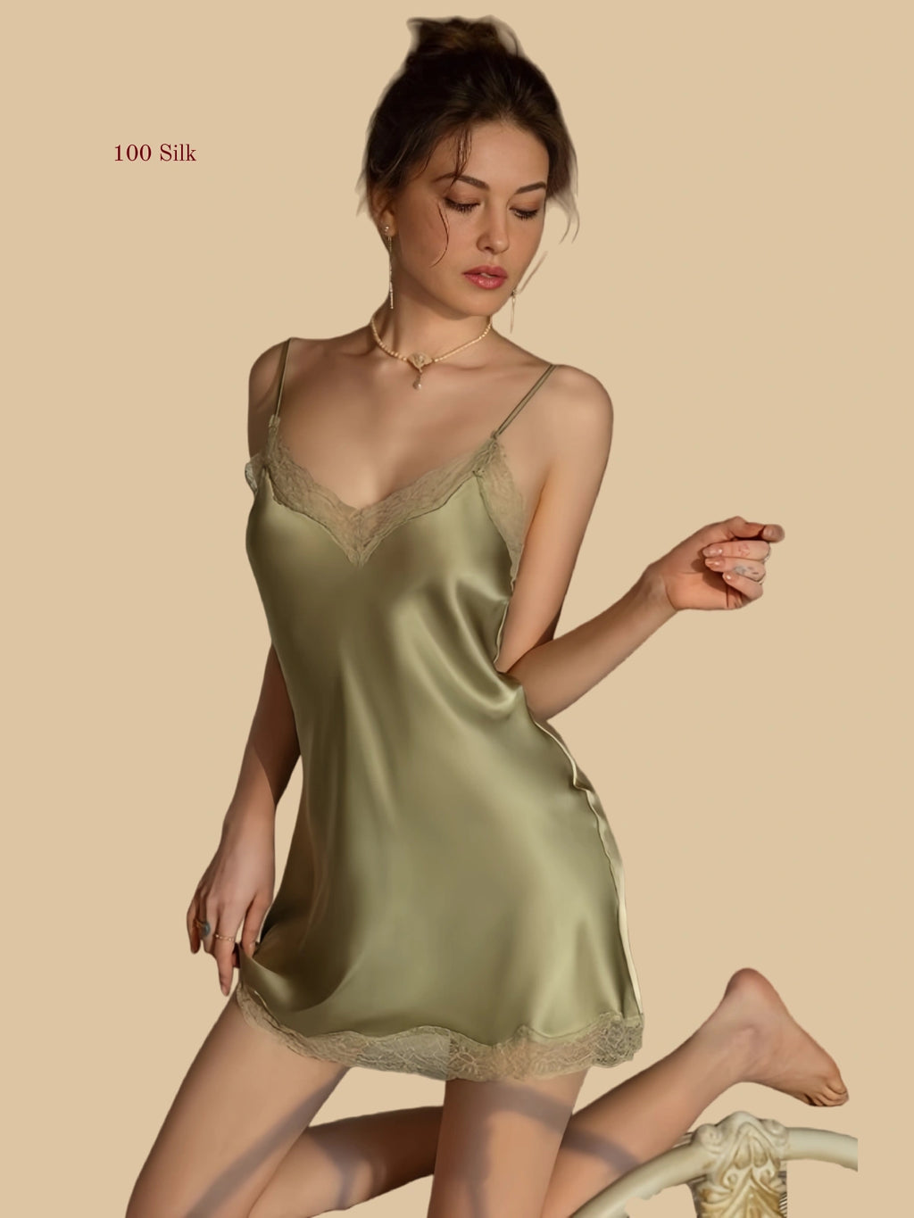 Matcha green 19mm silk chemise front view with lace neckline and lace hem
