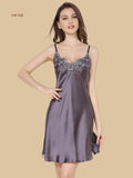 19mm Grayish Purple silk embroidered nightgown lace neckline front view