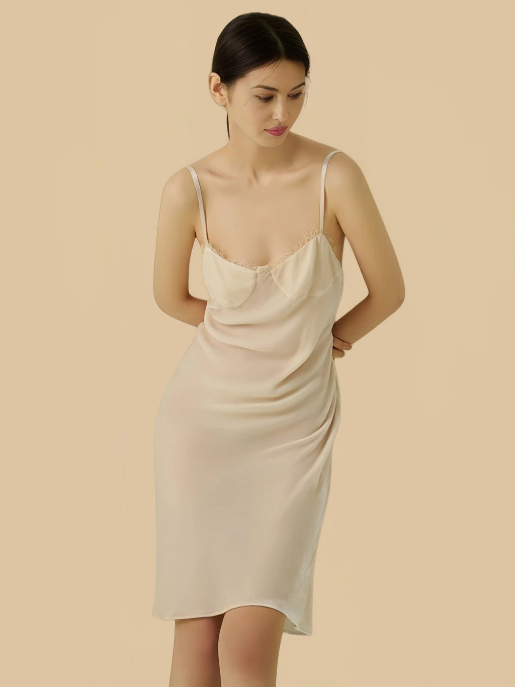 Champagne Apricot velvet backless dress front close view with soft bust shaping and clean slip line