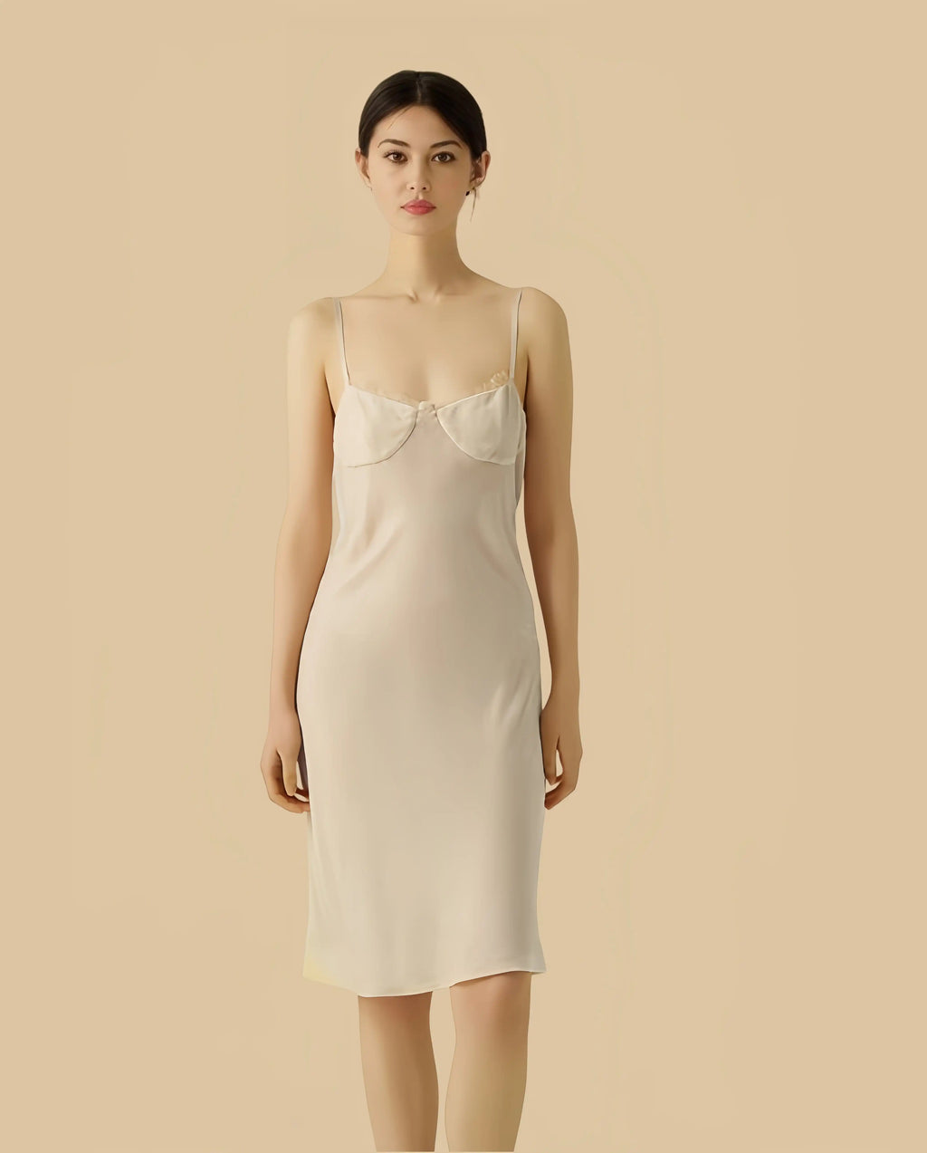 Champagne Apricot velvet backless dress front view with thin straps and smooth midi silhouette