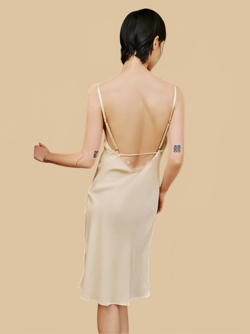 Champagne Apricot velvet backless dress back view with lace-inset open back