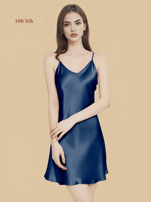 16mm navy blue thin-strap nightgown with minimal V neckline front view