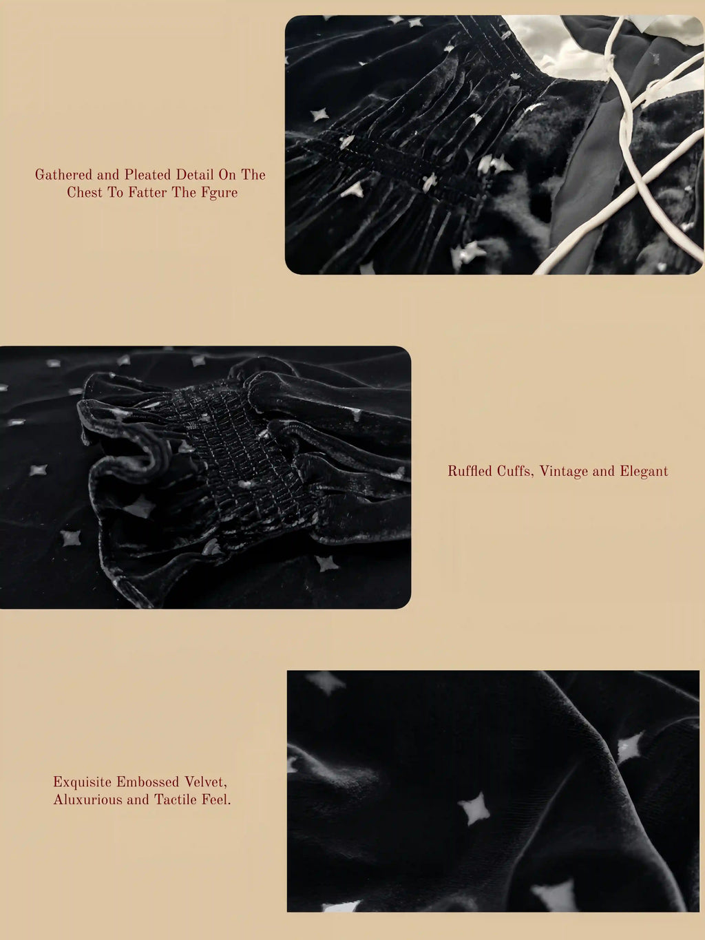 Black tassel-tie velvet dress product information and size recommendation chart