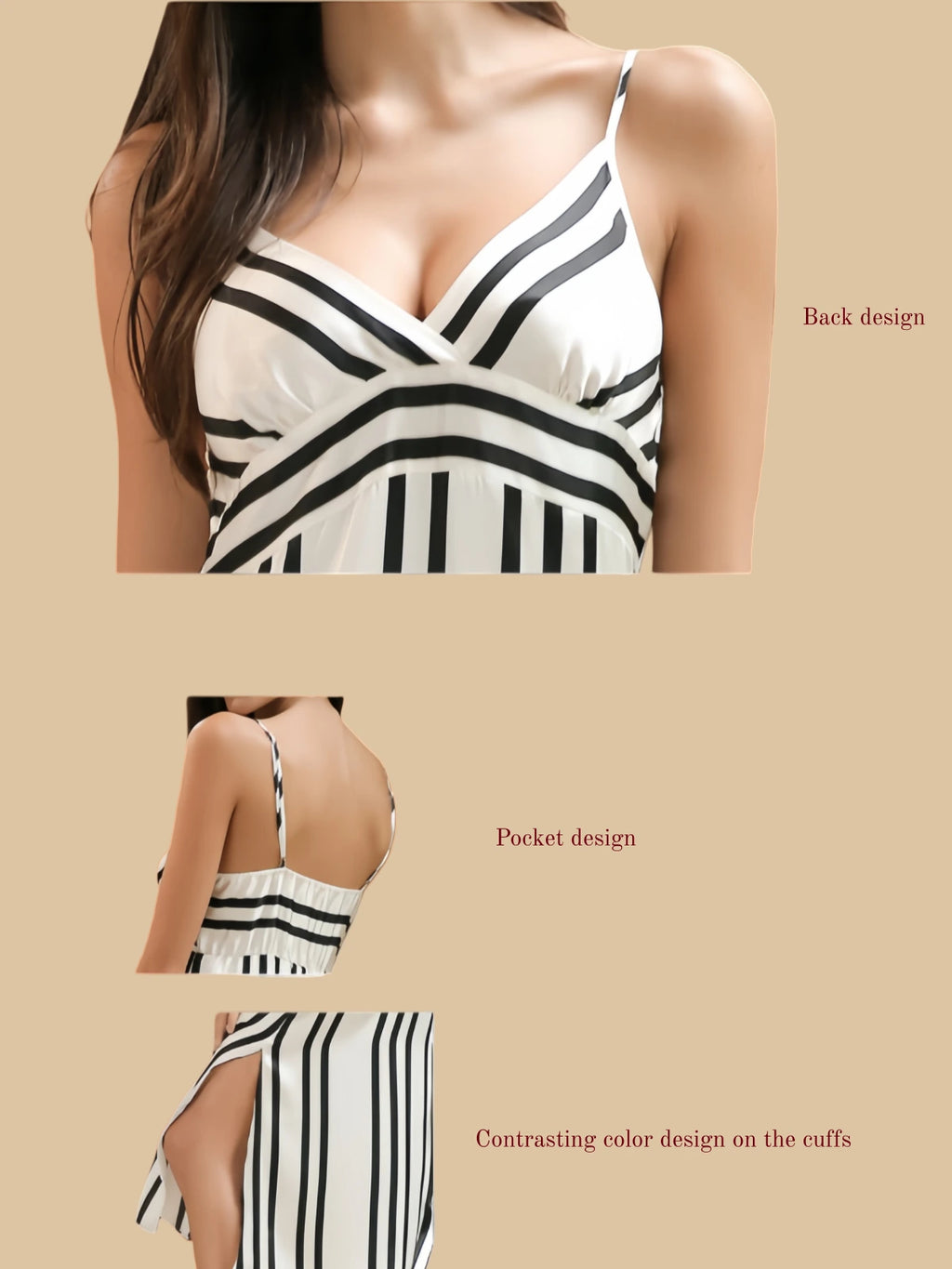 Close-up of V-neck stripe pattern on silk dress