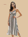 Front view of 16mm silk striped midi dress with V-neckline