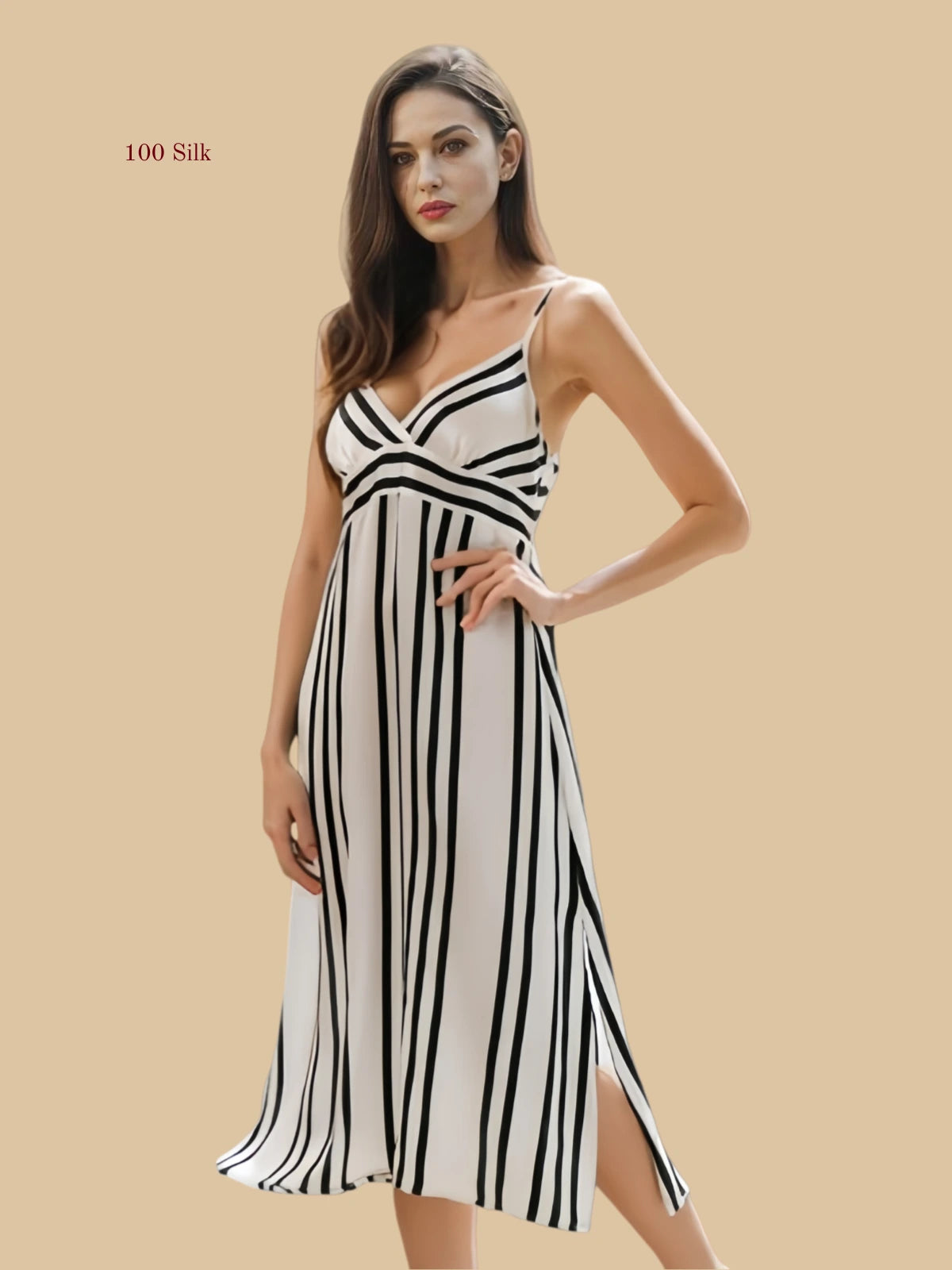 Front view of 16mm silk striped midi dress with V-neckline