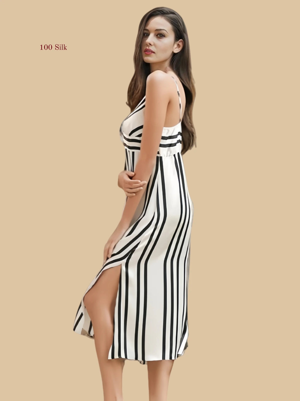 Side view of silk striped dress with slit detail