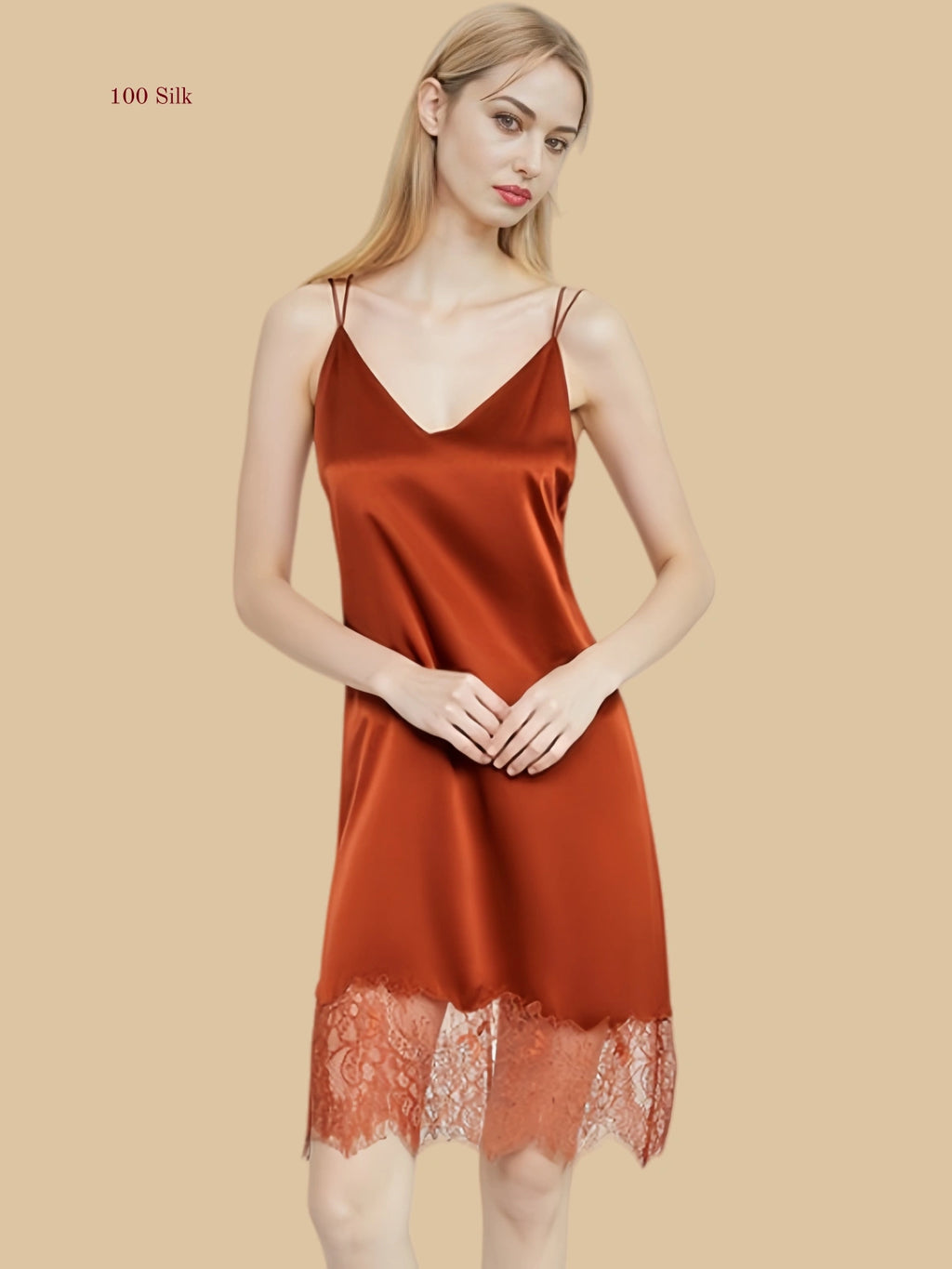 Caramel 100% mulberry silk V-neck nightgown with intricate peacock feather lace patchwork at the hem.