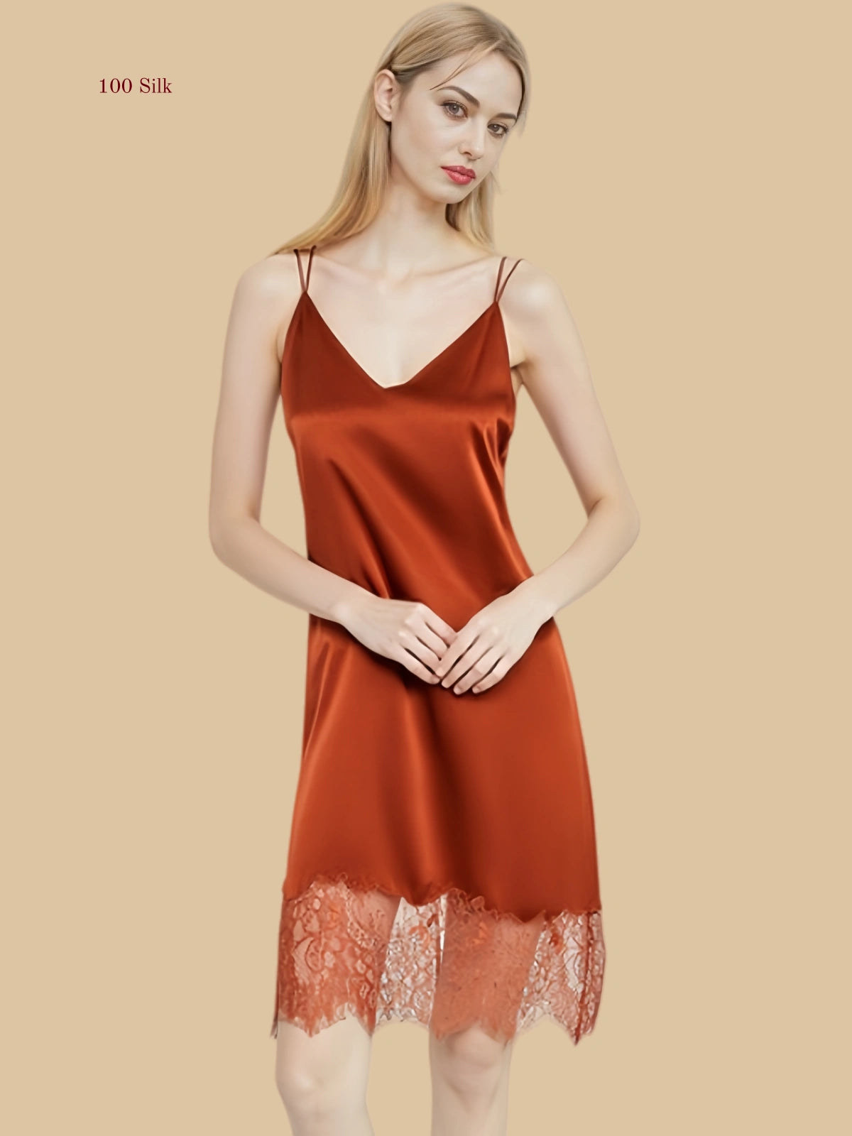 Caramel 100% mulberry silk V-neck nightgown with intricate peacock feather lace patchwork at the hem.
