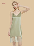 Green 100% mulberry silk V-neck nightgown with intricate peacock feather lace patchwork at the hem.