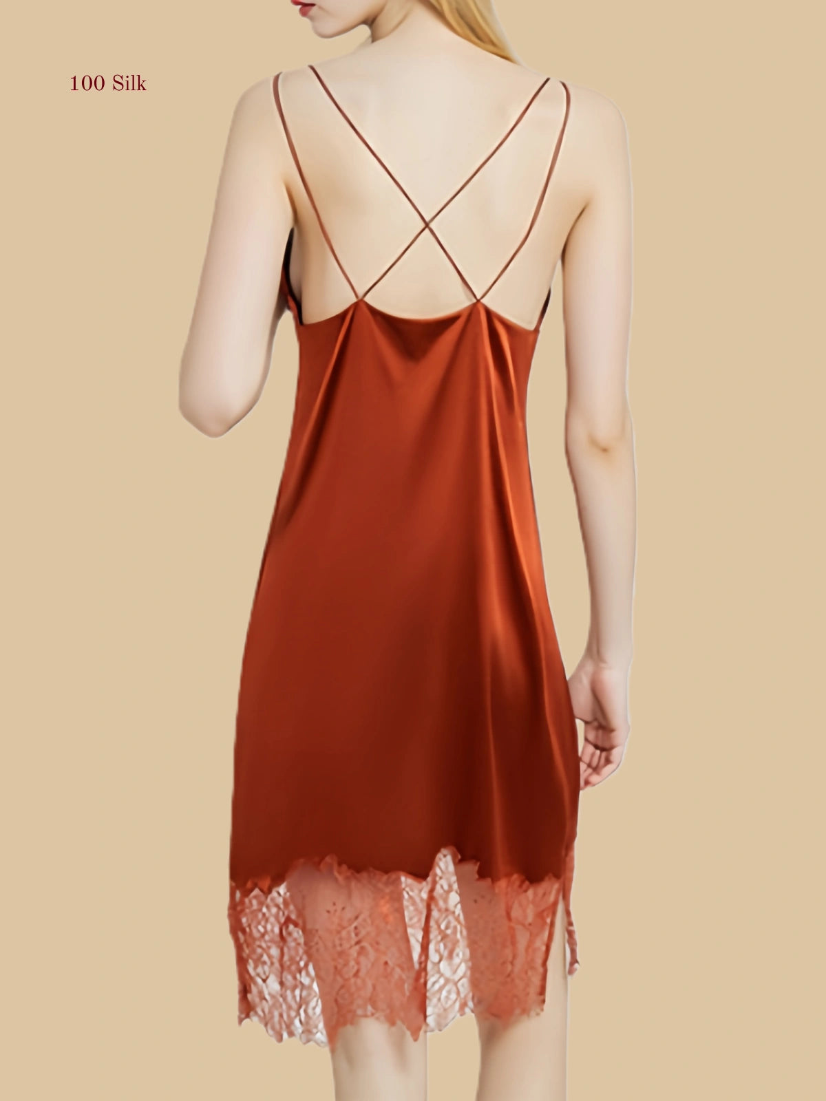 Detailed view of the double spaghetti straps forming a butterfly shape on the back of a Silkgala Caramel silk dress.