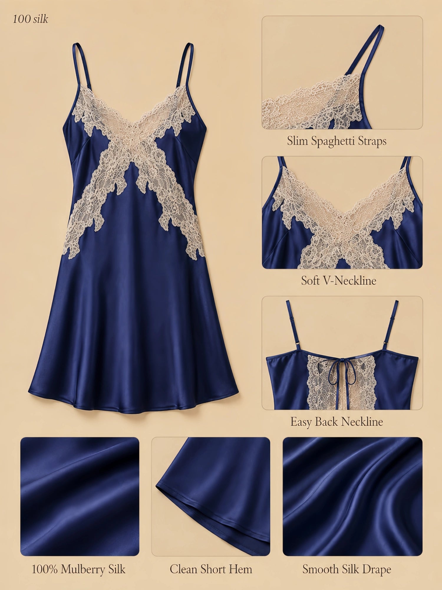 Navy blue silk spaghetti strap short dress with white lace V-neck, back lace detail, and smooth silk drape