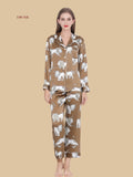 Earthy yellow 19mm lion print pajamas front view with all-over lion motif and full-length pants
