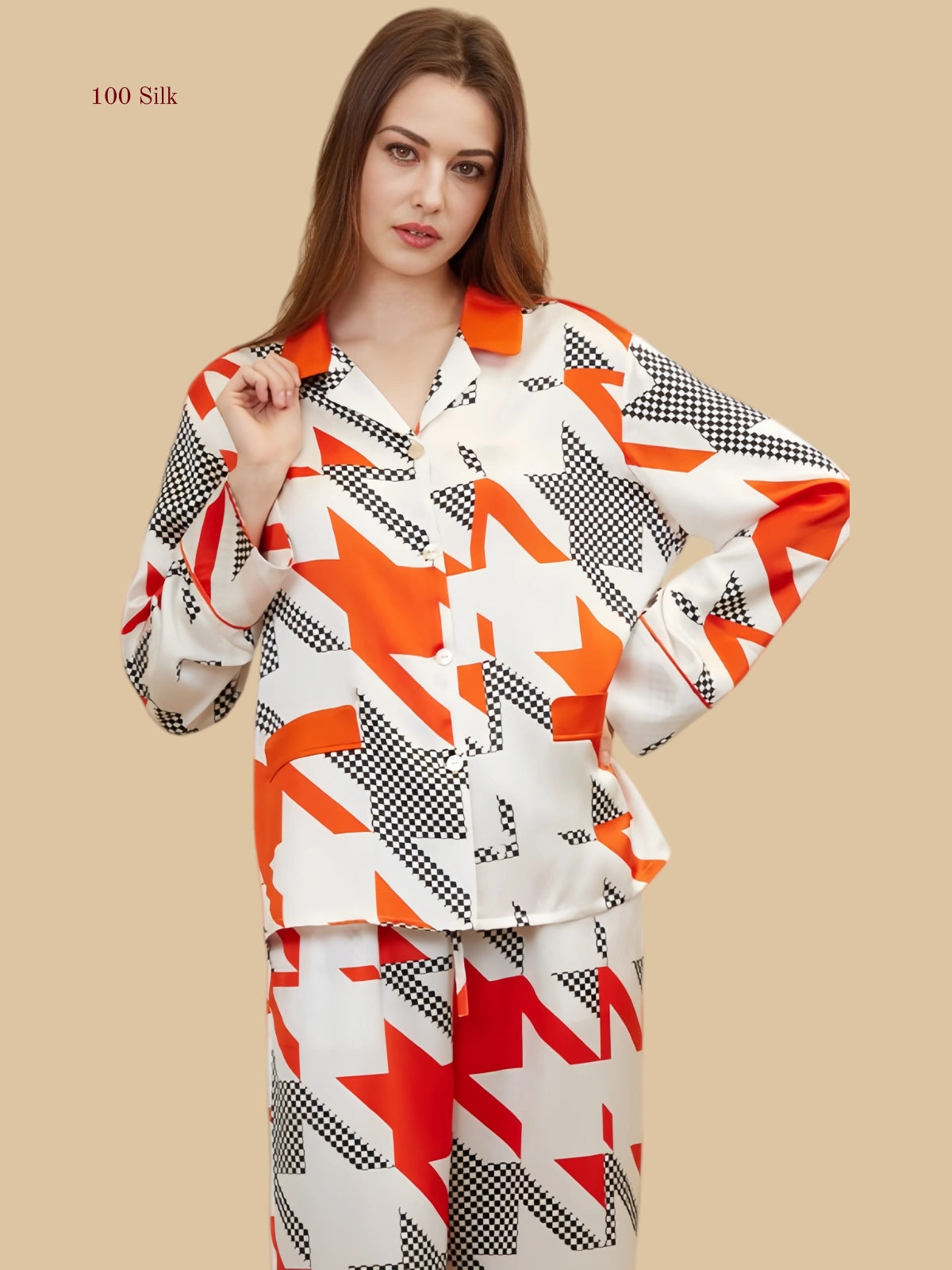 Stylish Red Silk Houndstooth Pajamas - 100% Mulberry Silk Silk Nightgown And Robe Set | Silkgala