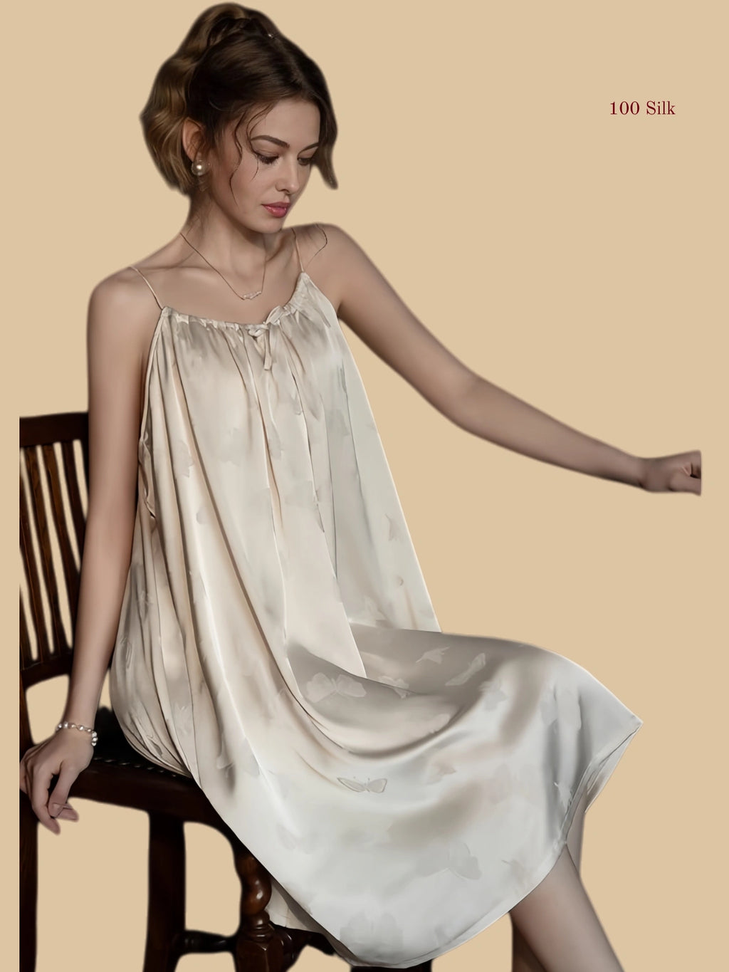 Front view of 19mm silk gathered nightdress with spaghetti straps