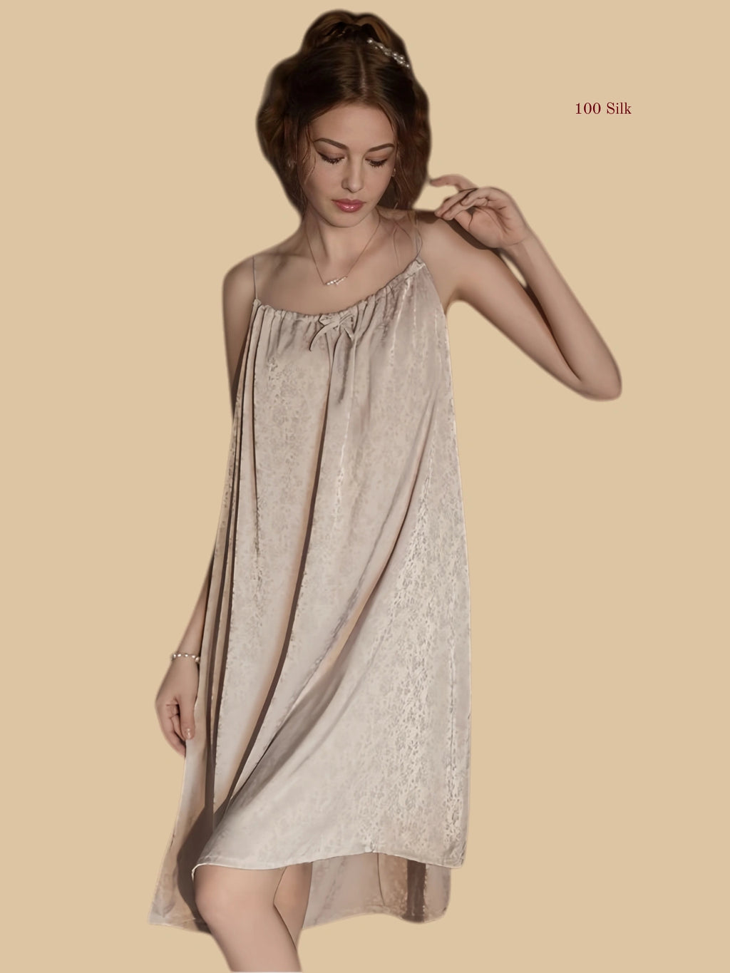 Front view of 19mm silk gathered nightdress with spaghetti straps