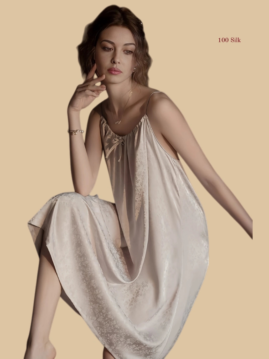 Front view of 19mm silk gathered nightdress with spaghetti straps